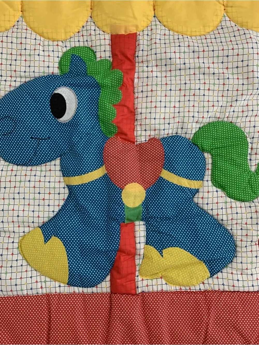 VTG Quilted Nursery Wall Hanging Carousel Horse Primary Colors Baby Decor 48x33